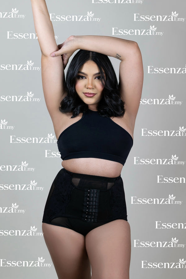 Cinta Calcinha Modeladora Aperta Barriga Alta Compressão Flores Preta