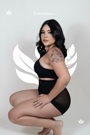 Cinta Calcinha Modeladora Aperta Barriga Alta Compressão Flores Preta